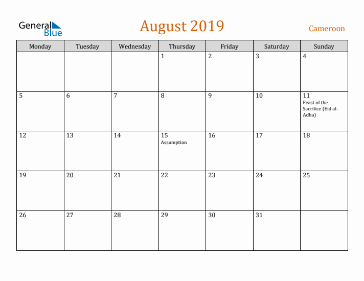 August 2019 Holiday Calendar with Monday Start