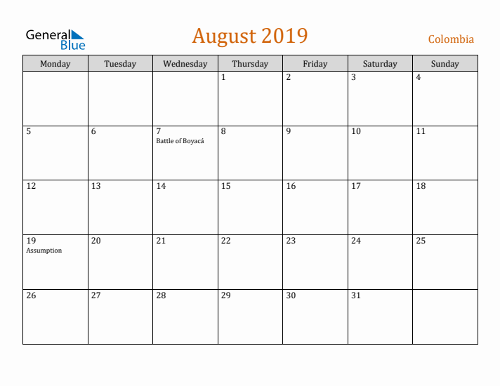 August 2019 Holiday Calendar with Monday Start