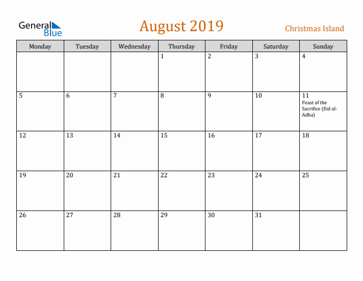 August 2019 Holiday Calendar with Monday Start