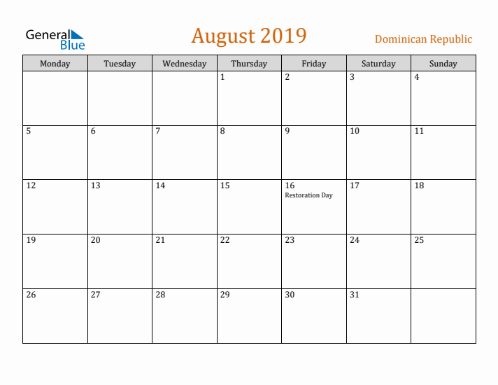 August 2019 Holiday Calendar with Monday Start