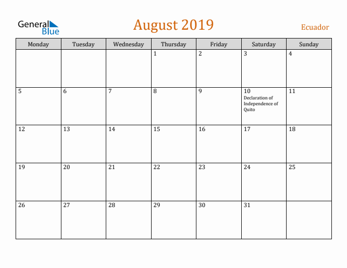 August 2019 Holiday Calendar with Monday Start