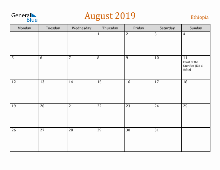 August 2019 Holiday Calendar with Monday Start