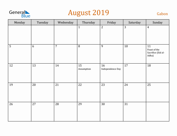 August 2019 Holiday Calendar with Monday Start