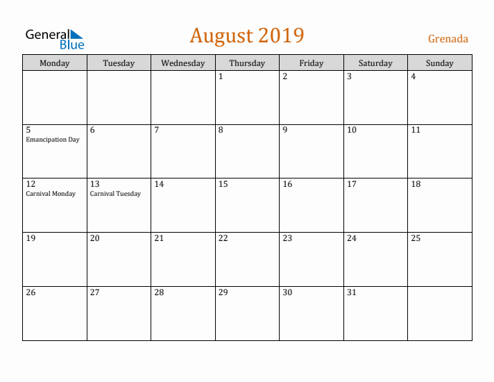 August 2019 Holiday Calendar with Monday Start