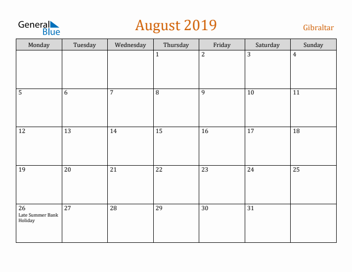 August 2019 Holiday Calendar with Monday Start