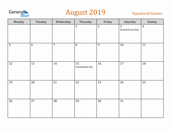 August 2019 Holiday Calendar with Monday Start