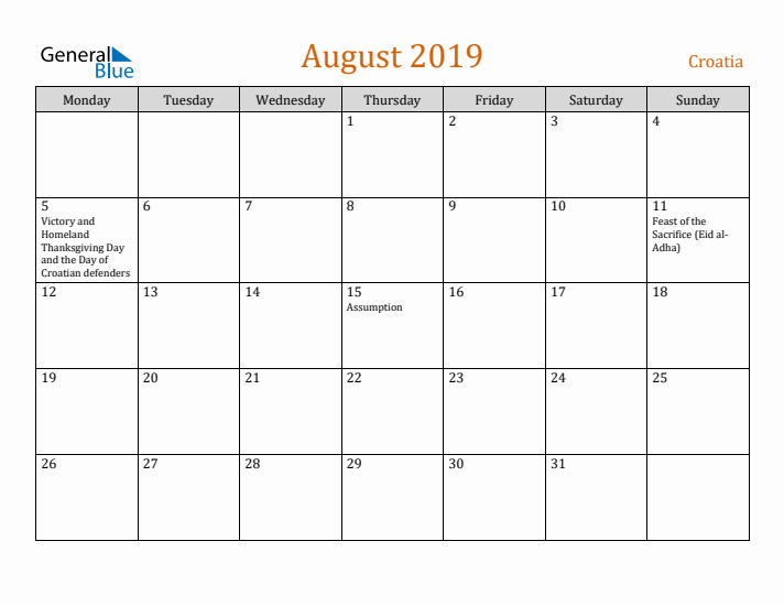 August 2019 Holiday Calendar with Monday Start