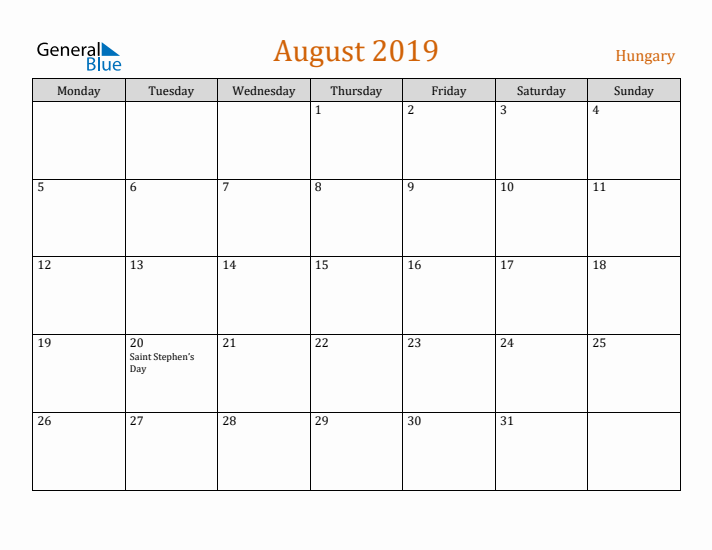 August 2019 Holiday Calendar with Monday Start