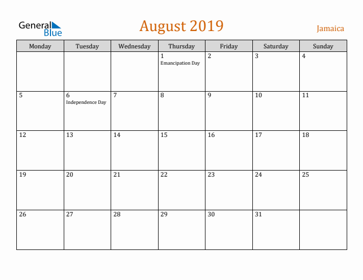 August 2019 Holiday Calendar with Monday Start