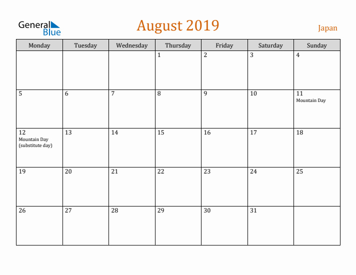 August 2019 Holiday Calendar with Monday Start