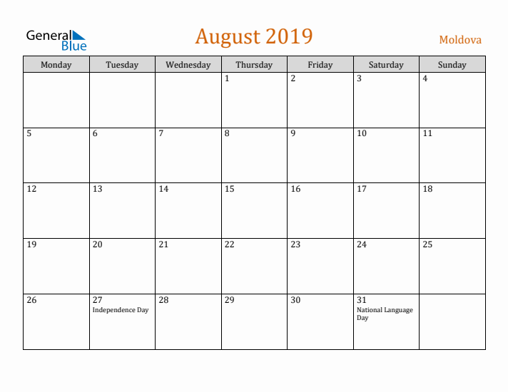 August 2019 Holiday Calendar with Monday Start