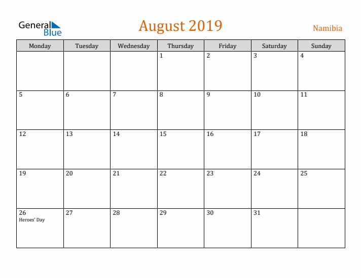 August 2019 Holiday Calendar with Monday Start