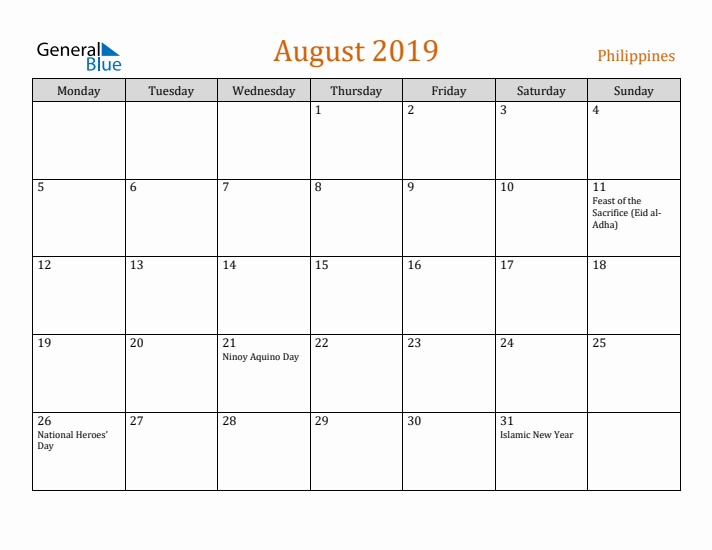 August 2019 Holiday Calendar with Monday Start