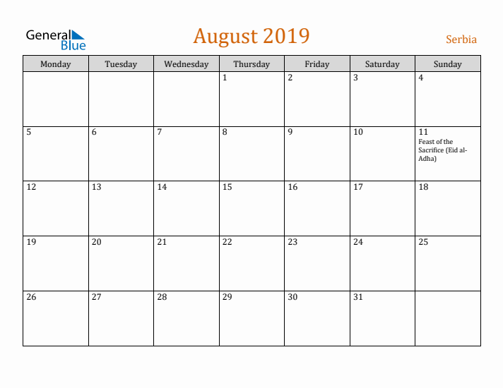 August 2019 Holiday Calendar with Monday Start