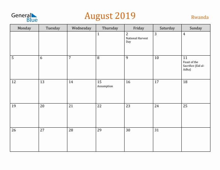 August 2019 Holiday Calendar with Monday Start