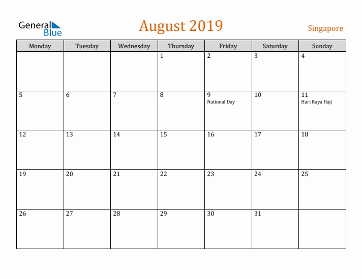 August 2019 Holiday Calendar with Monday Start