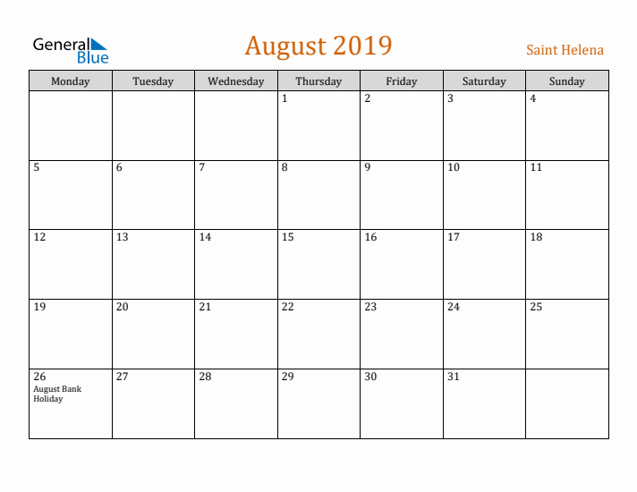 August 2019 Holiday Calendar with Monday Start