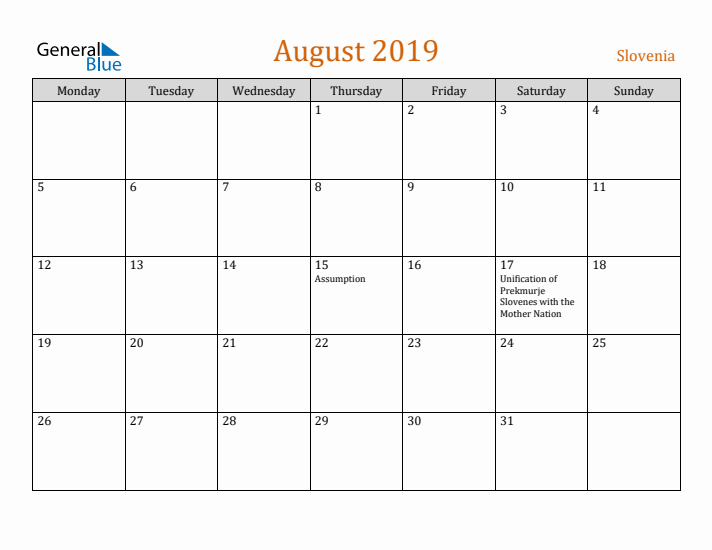 August 2019 Holiday Calendar with Monday Start