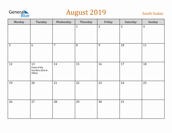 August 2019 Holiday Calendar with Monday Start