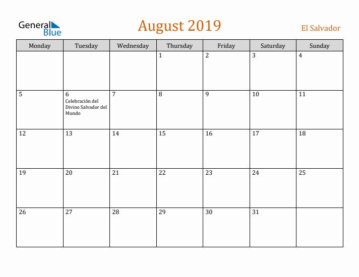 August 2019 Holiday Calendar with Monday Start