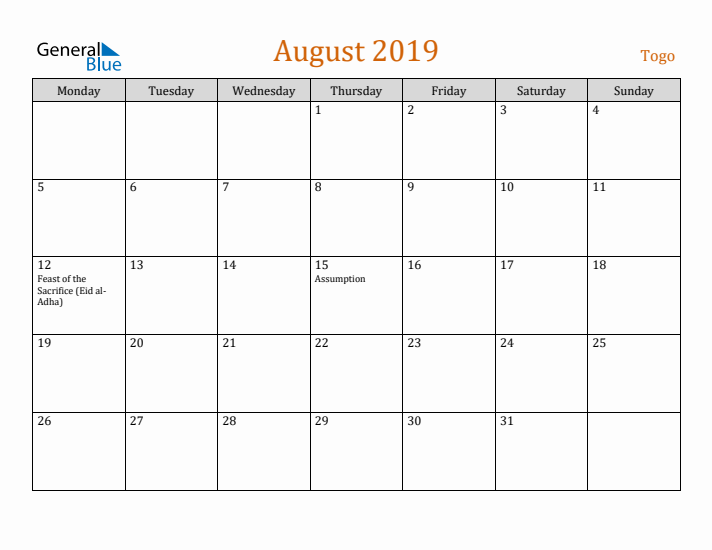 August 2019 Holiday Calendar with Monday Start