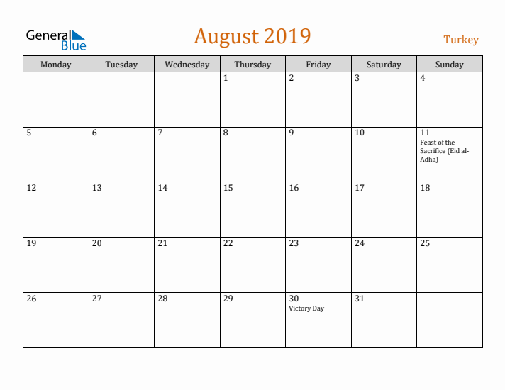 August 2019 Holiday Calendar with Monday Start