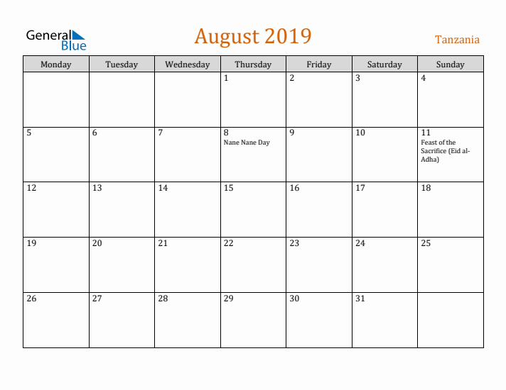 August 2019 Holiday Calendar with Monday Start