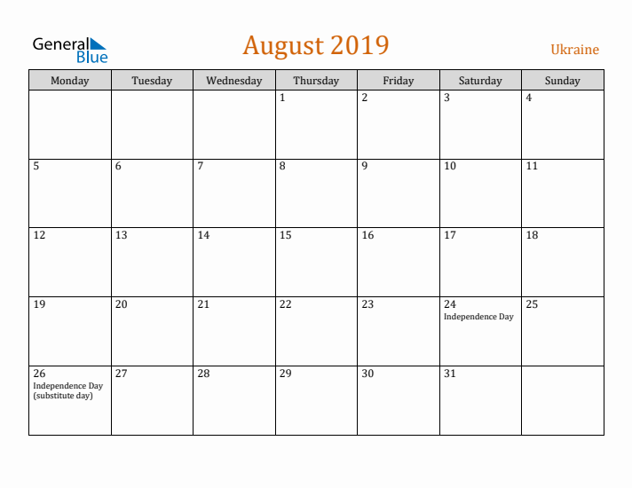 August 2019 Holiday Calendar with Monday Start