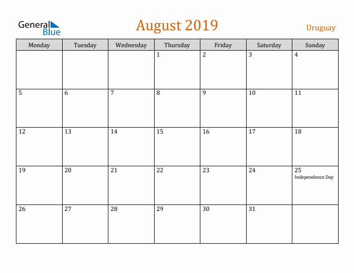 August 2019 Holiday Calendar with Monday Start