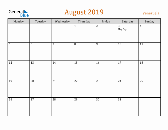 August 2019 Holiday Calendar with Monday Start