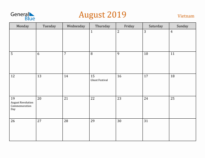 August 2019 Holiday Calendar with Monday Start