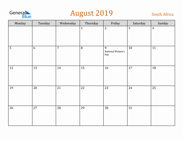 August 2019 Holiday Calendar with Monday Start