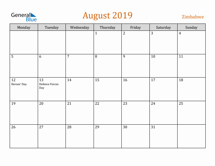 August 2019 Holiday Calendar with Monday Start