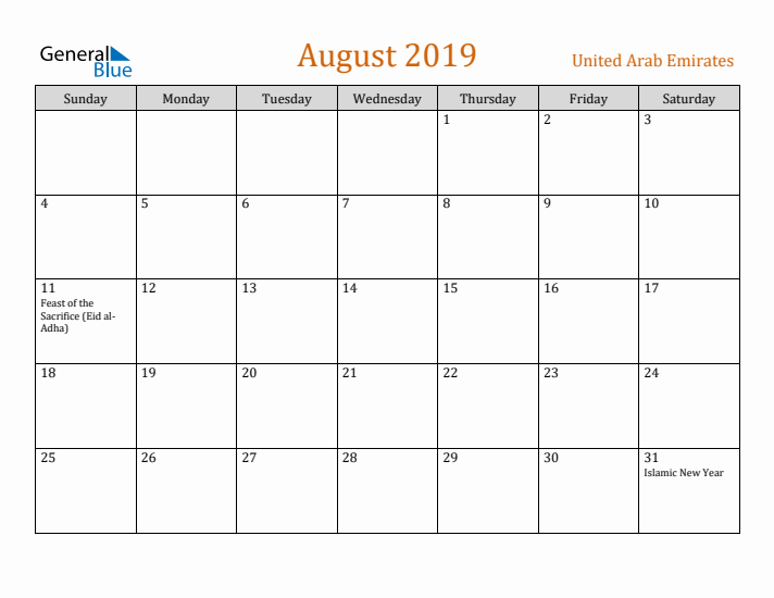 August 2019 Holiday Calendar with Sunday Start