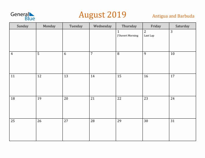 August 2019 Holiday Calendar with Sunday Start