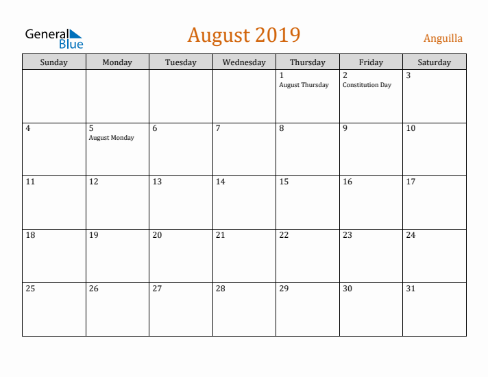 August 2019 Holiday Calendar with Sunday Start