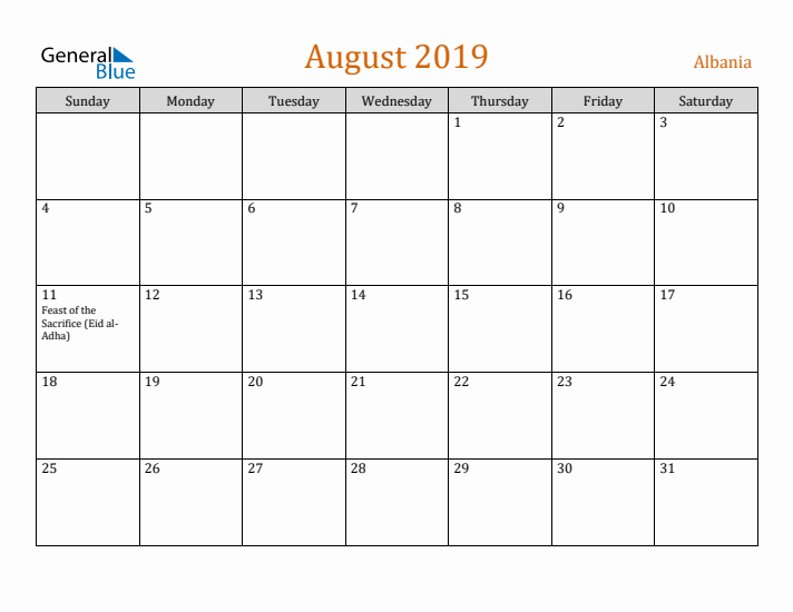 August 2019 Holiday Calendar with Sunday Start