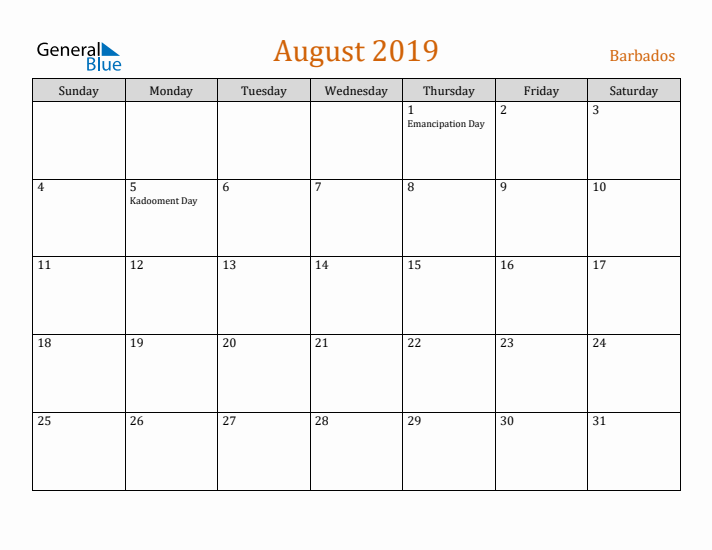 August 2019 Holiday Calendar with Sunday Start