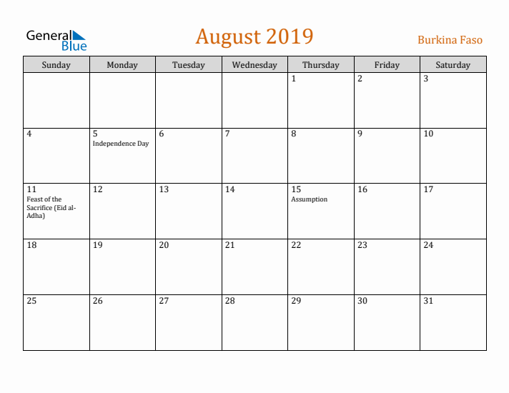 August 2019 Holiday Calendar with Sunday Start