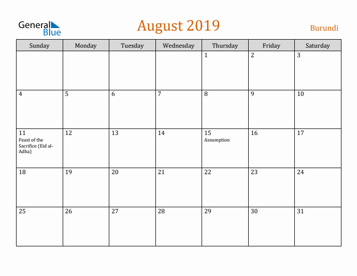 August 2019 Holiday Calendar with Sunday Start