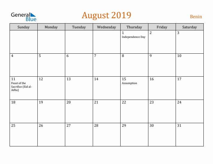 August 2019 Holiday Calendar with Sunday Start