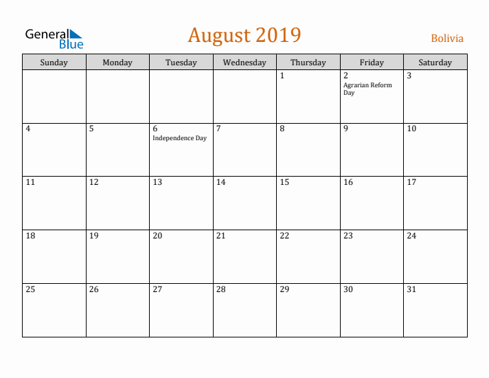 August 2019 Holiday Calendar with Sunday Start