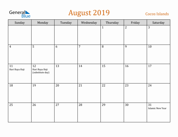 August 2019 Holiday Calendar with Sunday Start