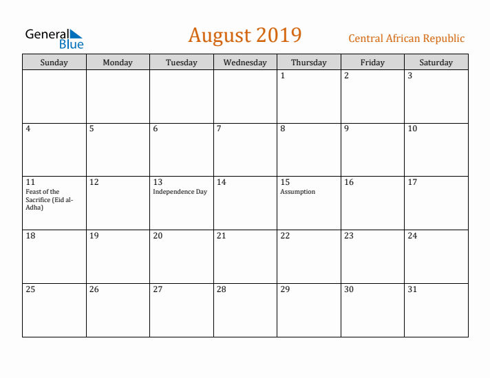 August 2019 Holiday Calendar with Sunday Start