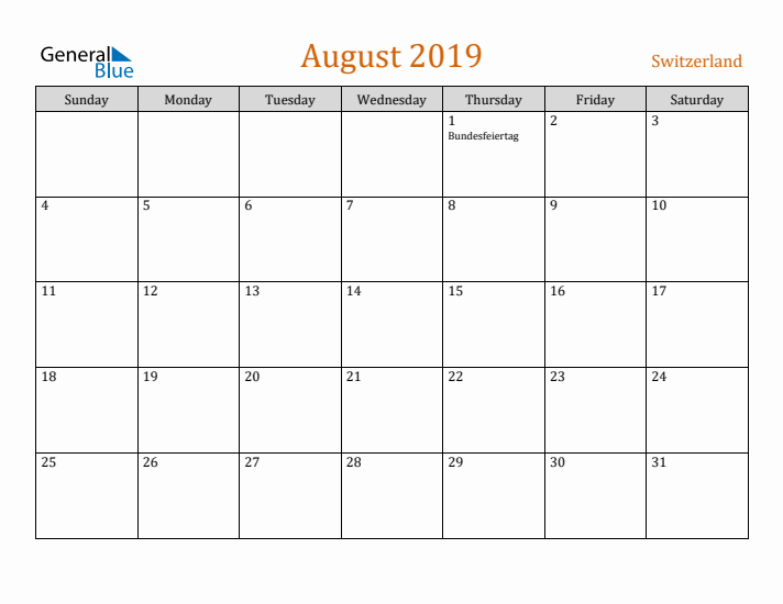 August 2019 Holiday Calendar with Sunday Start