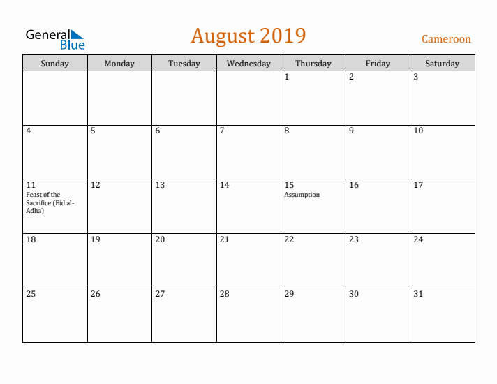 August 2019 Holiday Calendar with Sunday Start