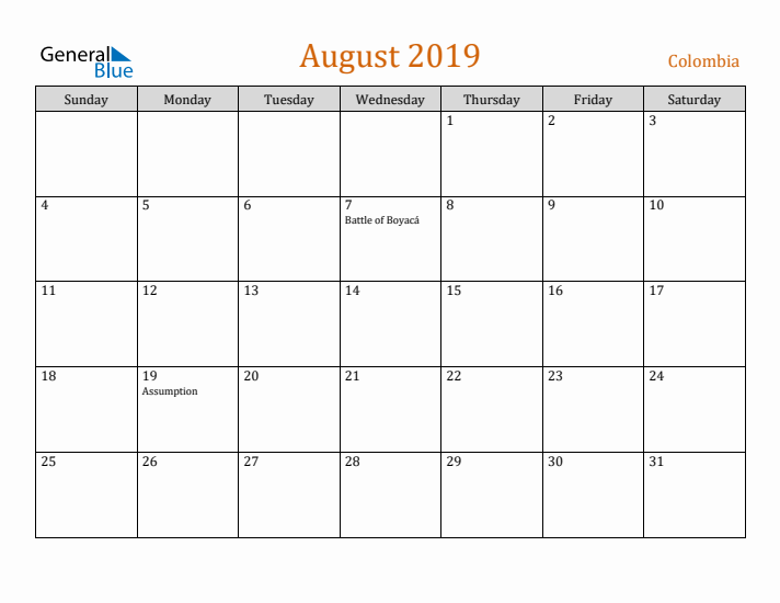 August 2019 Holiday Calendar with Sunday Start