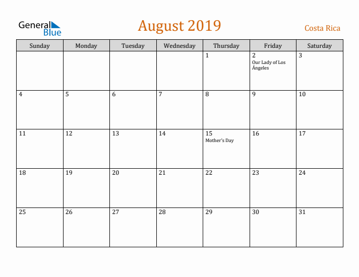 August 2019 Holiday Calendar with Sunday Start