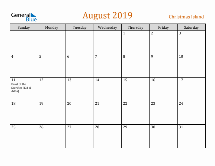 August 2019 Holiday Calendar with Sunday Start