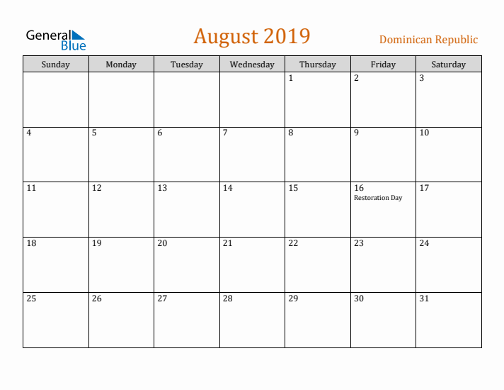 August 2019 Holiday Calendar with Sunday Start